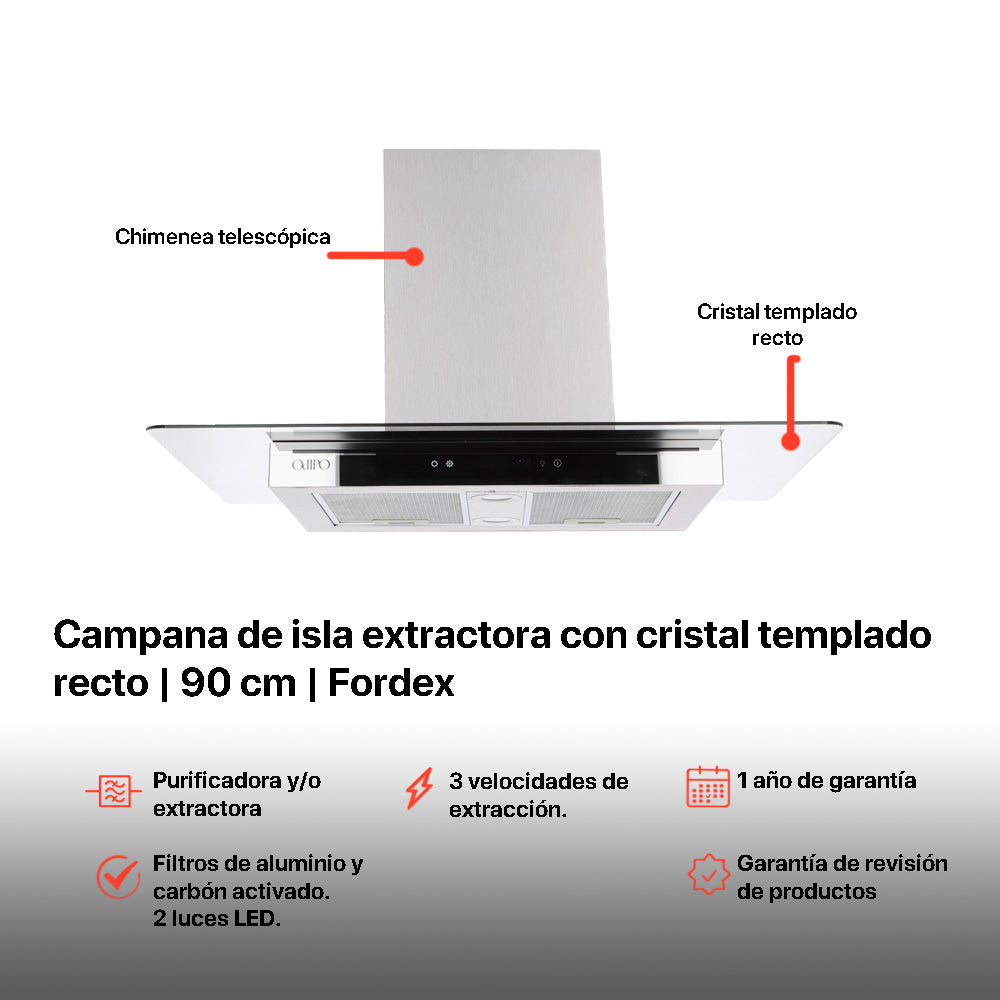 Campana de cocina de isla digital cristal recto 90cm Fordex + Parrilla de gas 5 quemadores acero inoxidable 86cm Vesta