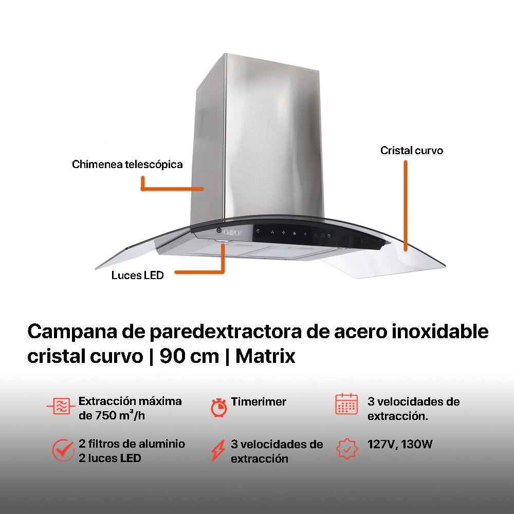 Campana para cocina de pared cristal curvo de acero inoxidable 85cm Matrix + Parrilla electrica de inducción 5 quemadores 75cm kelvin
