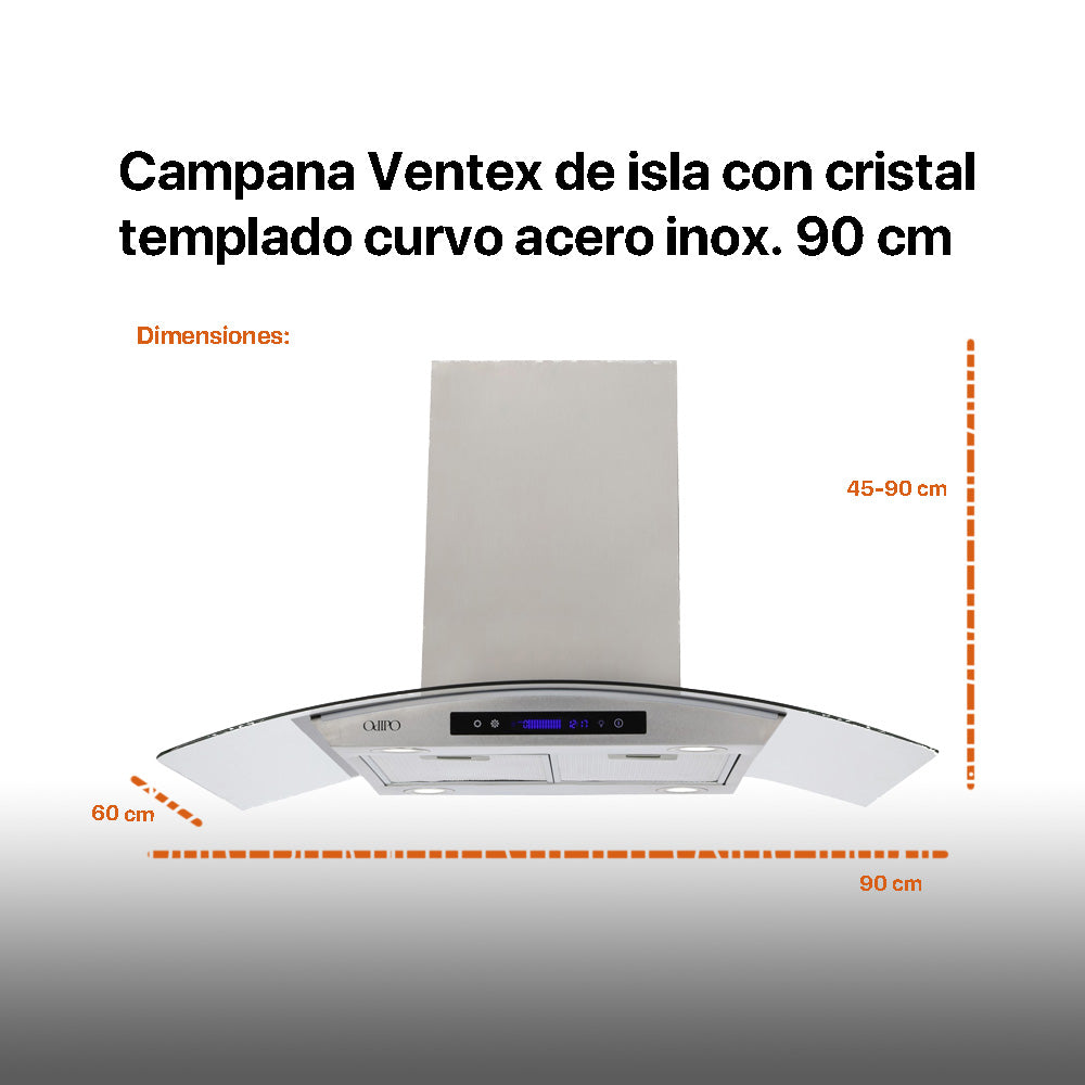 Campana de cocina de isla digital cristal curvo 90cm Ventex