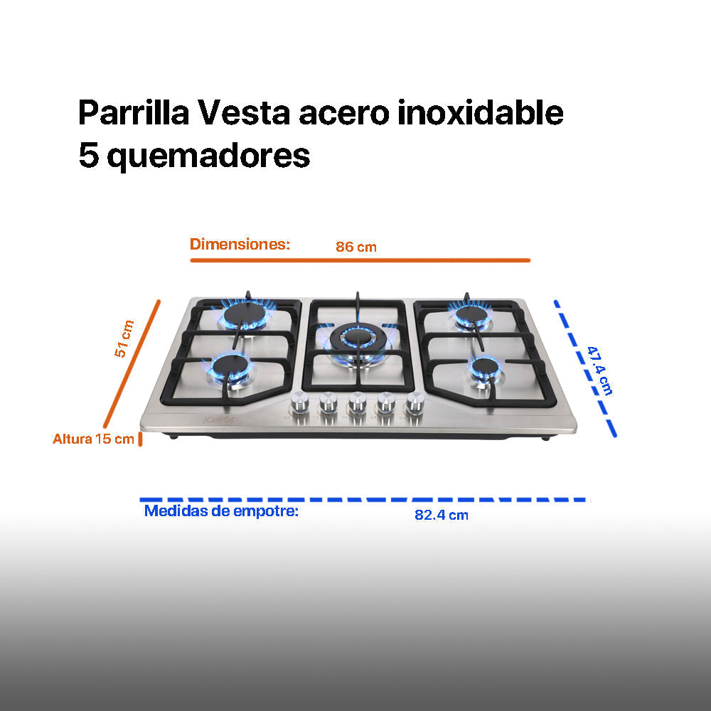 Campana de cocina de isla digital cristal curvo 90cm Ventex + Parrilla de gas 5 quemadores acero inoxidable 86cm Vesta