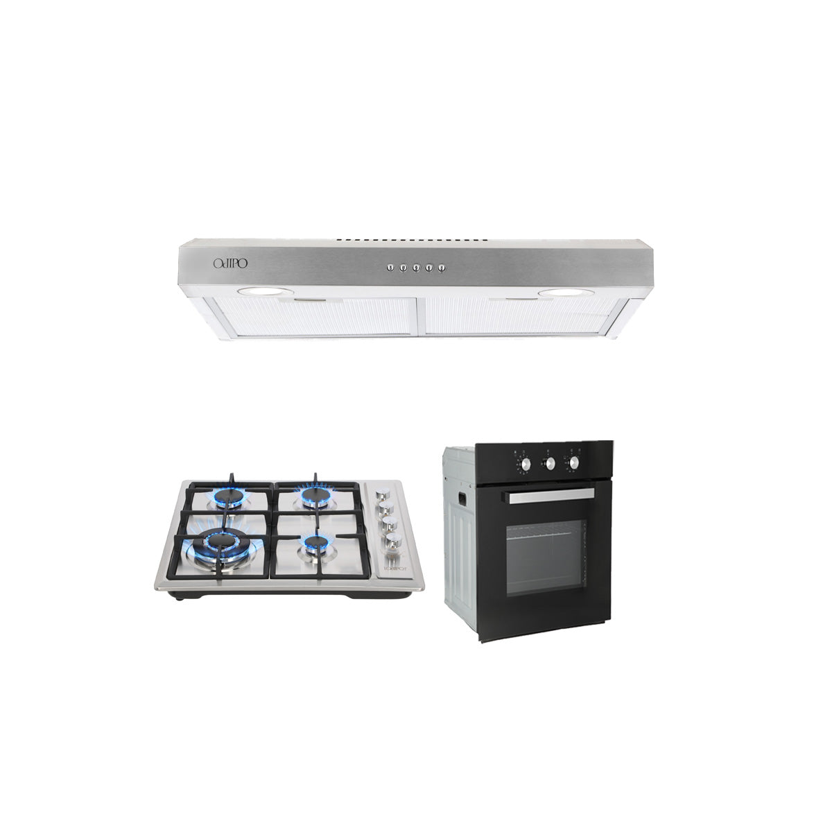 Campana de cocina acero inoxidable 60cm Thory + Parrilla de gas 4 quemadores acero inoxidable 60cm Vulcano + Horno de gas empotrable encendido electrico 65L 60cm Motrix