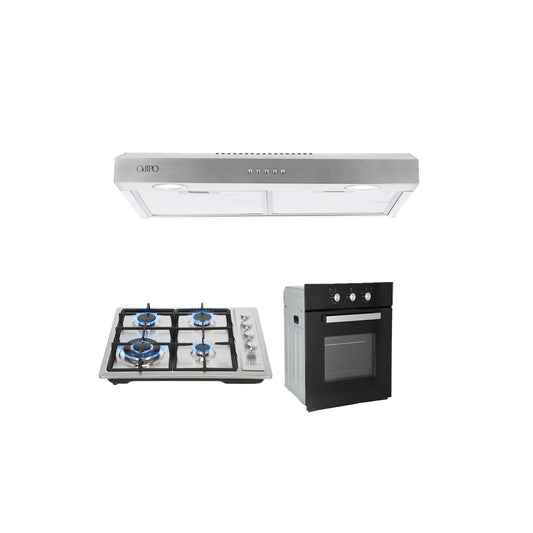Campana de cocina acero inoxidable 60cm Thory + Parrilla de gas 4 quemadores acero inoxidable 60cm Vulcano + Horno de gas empotrable encendido electrico 65L 60cm Motrix