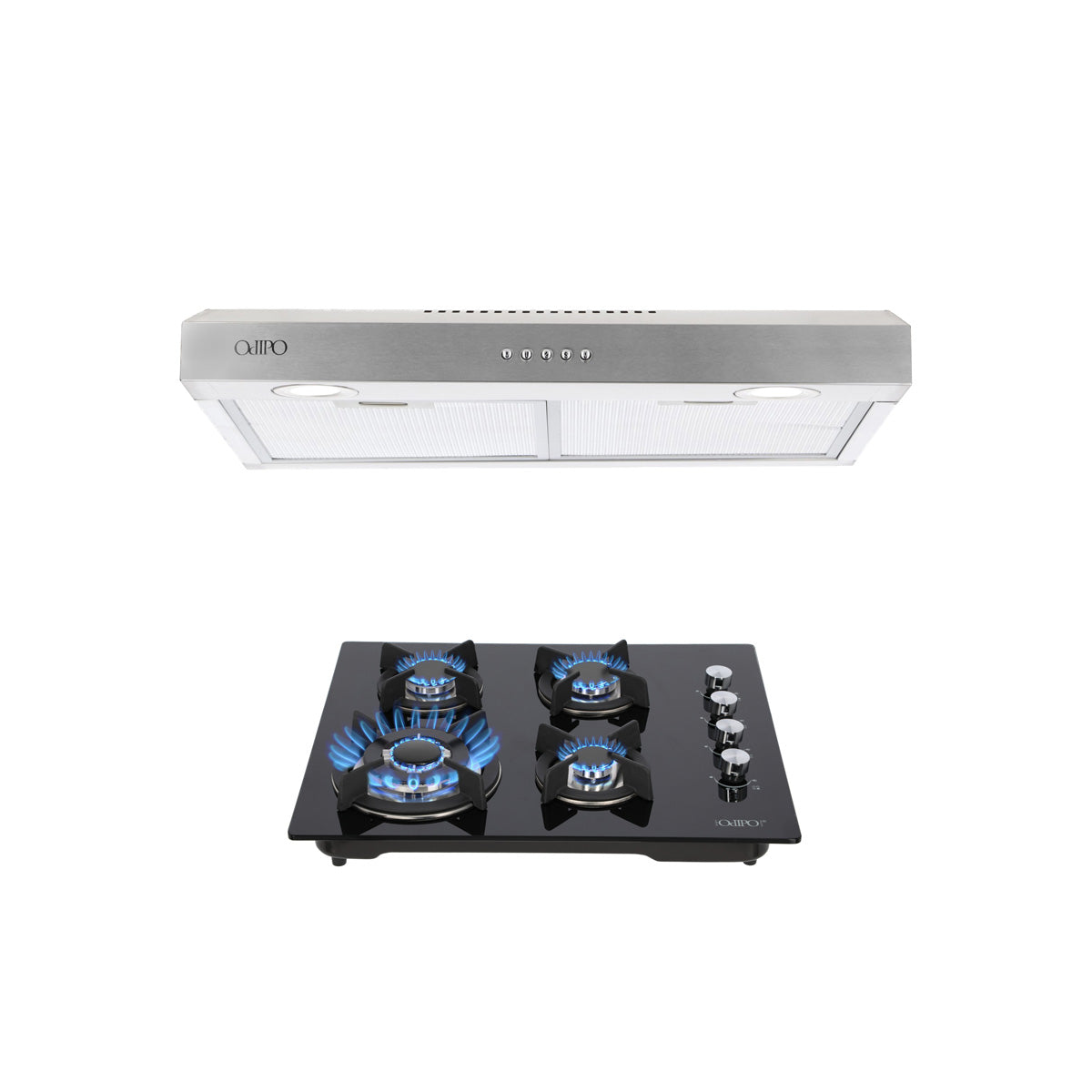Campana de cocina acero inoxidable 60cm Thory + Parrilla de gas 4 quemadores cristal 60cm Clio