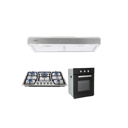 Campana de cocina acero inoxidable 75cm Thory + Parrilla de gas 5 quemadores acero inoxidable 76cm Vignus + Horno de gas empotrable encendido electrico 65L 60cm Motrix
