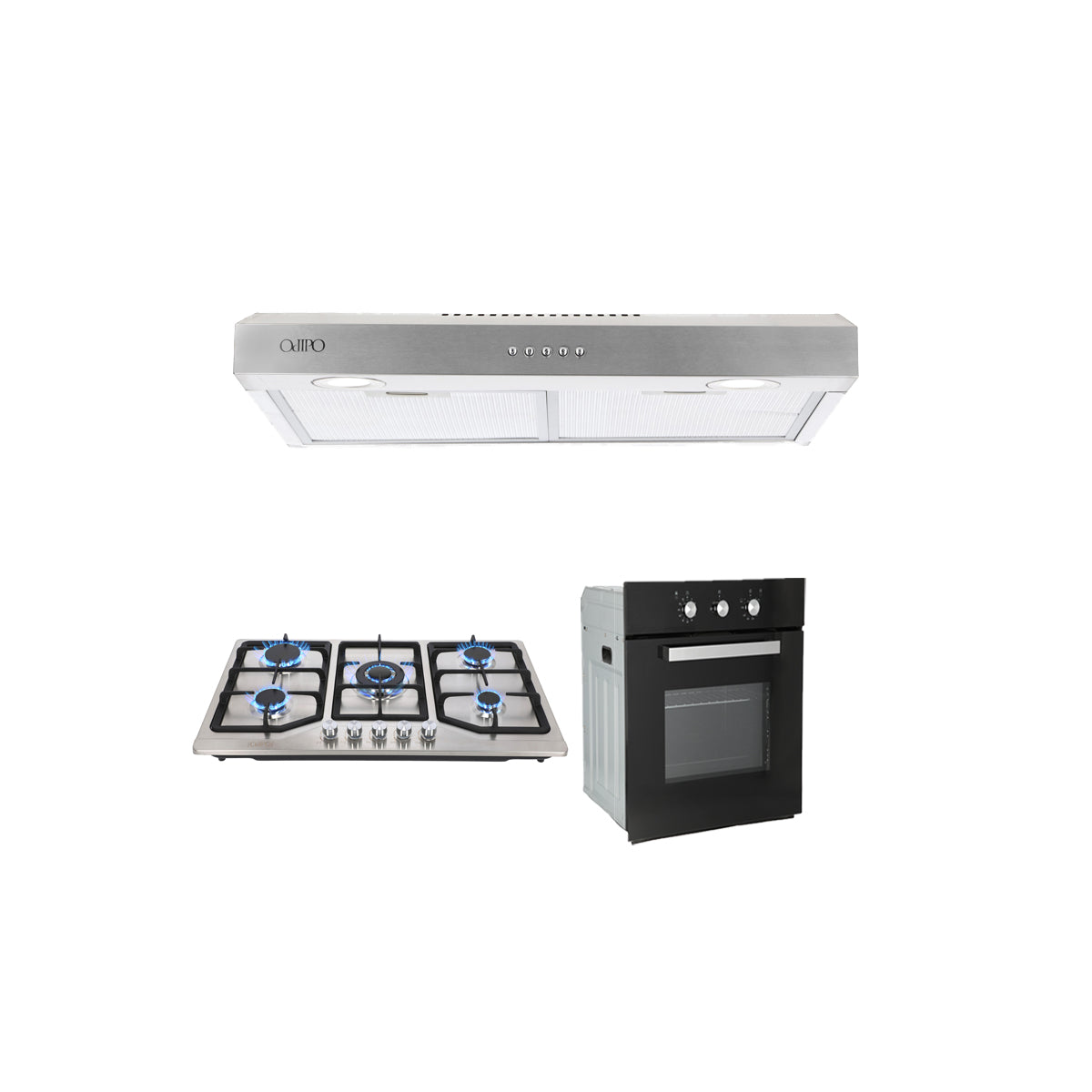 Campana de cocina acero inoxidable 80cm Thory + Parrilla de gas 5 quemadores acero inoxidable 86cm Vesta + Horno de gas empotrable encendido electrico 65L 60cm Motrix