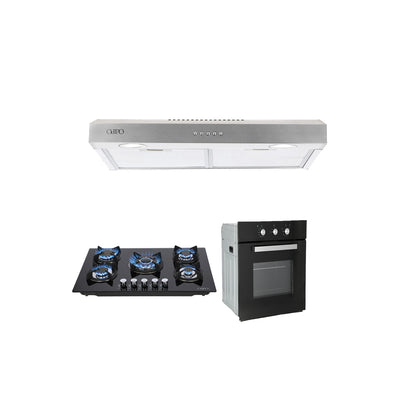 Campana de cocina acero inoxidable 80cm Thory + Parrilla de gas 5 quemadores cristal 76cm Capella + Horno de gas empotrable encendido electrico 65L 60cm Motrix