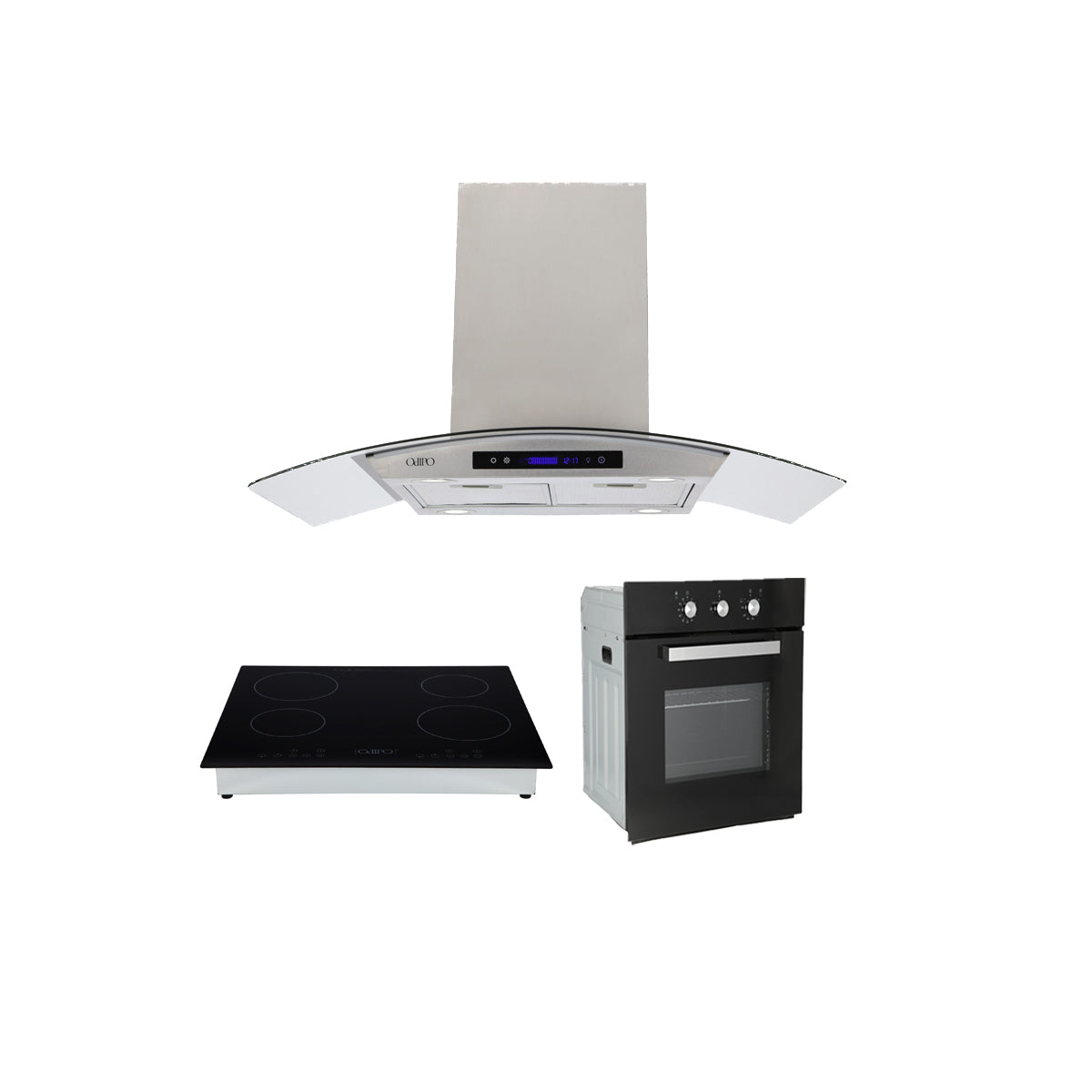 Campana de cocina de pared de isla cristal templado curvo 90cm Ventex + Parrilla eléctrica de inducción 4 quemadores  Kepler + Horno de gas encendido eléctrico empotrable 60L Motrix