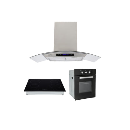 Campana de cocina de pared de isla cristal templado curvo 90cm Ventex + Parrilla eléctrica de inducción 4 quemadores  Kepler + Horno de gas encendido eléctrico empotrable 60L Motrix