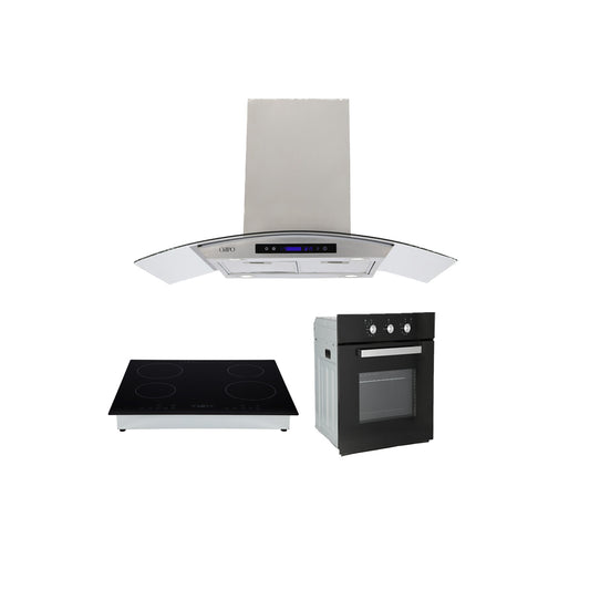 Campana de cocina de pared de isla cristal templado curvo 90cm Ventex + Parrilla eléctrica de inducción 4 quemadores  Kepler + Horno de gas encendido eléctrico empotrable 60L Motrix
