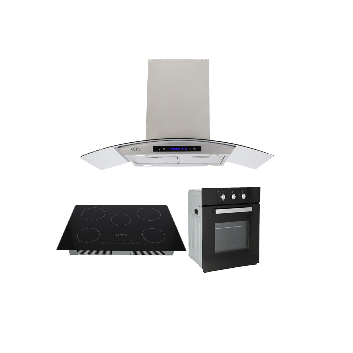 Campana de cocina de isla cristal templado curvo 90cm Ventex + Parrilla eléctrica de inducción 5 quemadores 75cm Kelvin + Horno eléctrico empotrable de cristal 127V E-MOTRIX