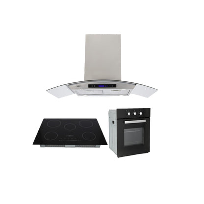 Campana de cocina de isla cristal templado curvo 90cm Ventex + Parrilla eléctrica de inducción 5 quemadores 75cm Kelvin + Horno eléctrico empotrable de cristal 127V E-MOTRIX