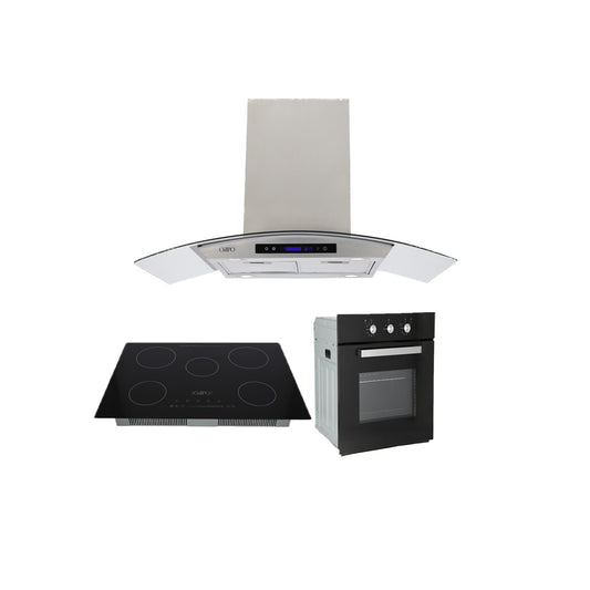 Campana de cocina de isla cristal templado curvo 90cm Ventex + Parrilla eléctrica de inducción 5 quemadores 75cm Kelvin + Horno eléctrico empotrable de cristal 127V E-MOTRIX