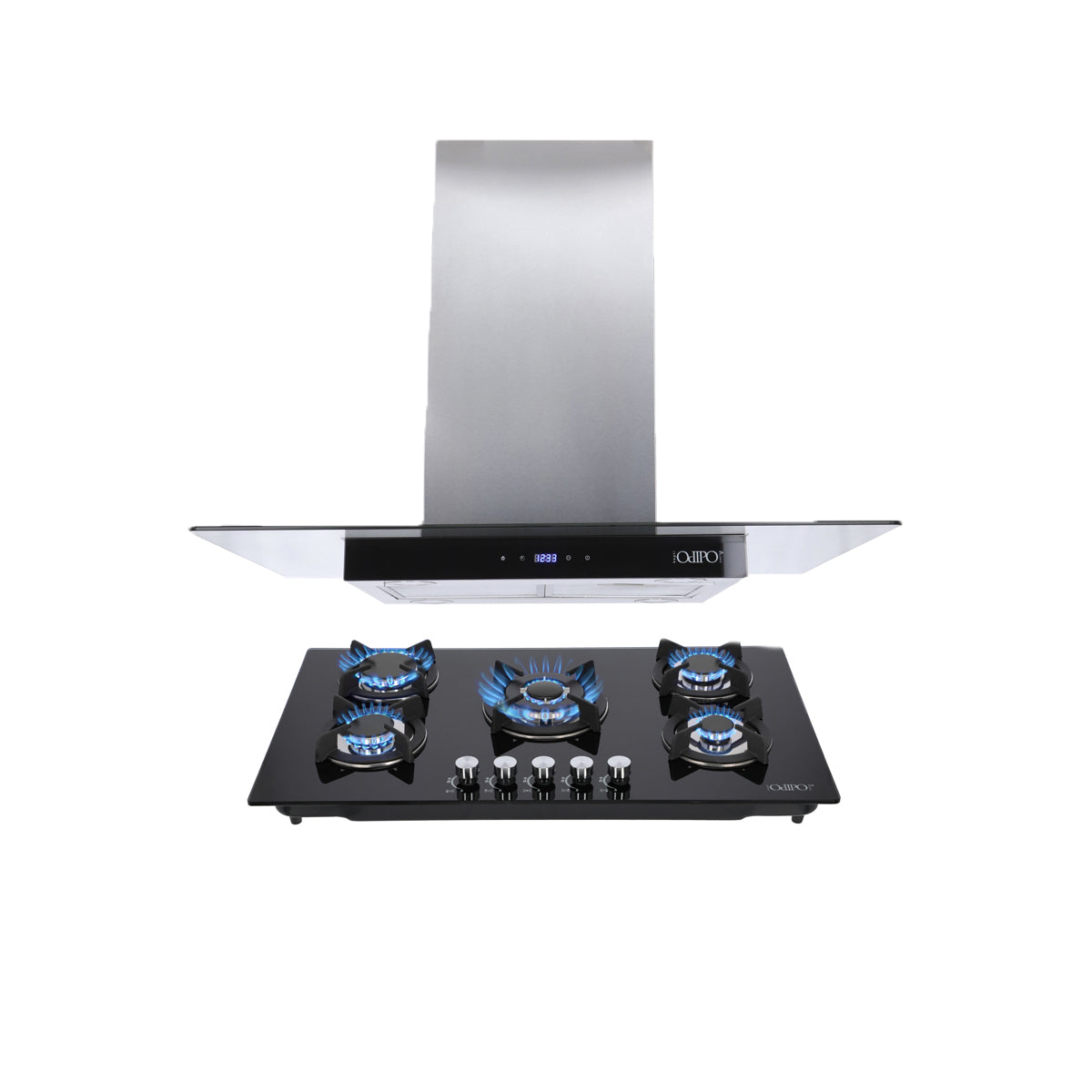 Campana de cocina de isla digital cristal recto 90cm Fordex + Parrilla de gas 5 quemadores cristal 86cm Ceres