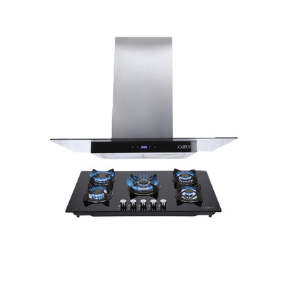 Campana de cocina de isla digital cristal recto 90cm Fordex + Parrilla de gas 5 quemadores cristal 86cm Ceres