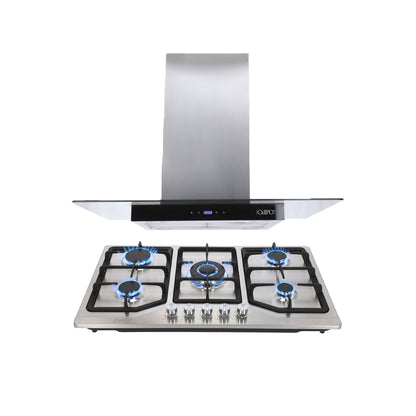 Campana de cocina de isla digital cristal recto 90cm Fordex + Parrilla de gas 5 quemadores acero inoxidable 86cm Vesta