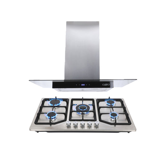 Campana de cocina de isla digital cristal recto 90cm Fordex + Parrilla de gas 5 quemadores acero inoxidable 86cm Vesta