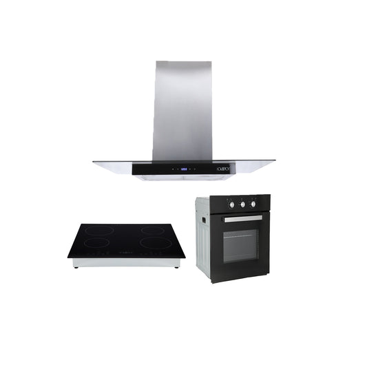 Campana de cocina de isla cristal templado recto 90cm Fordex + Parrilla eléctrica de inducción 4 quemadores Kepler + Horno de gas encendido eléctrico empotrable 60L Motrix