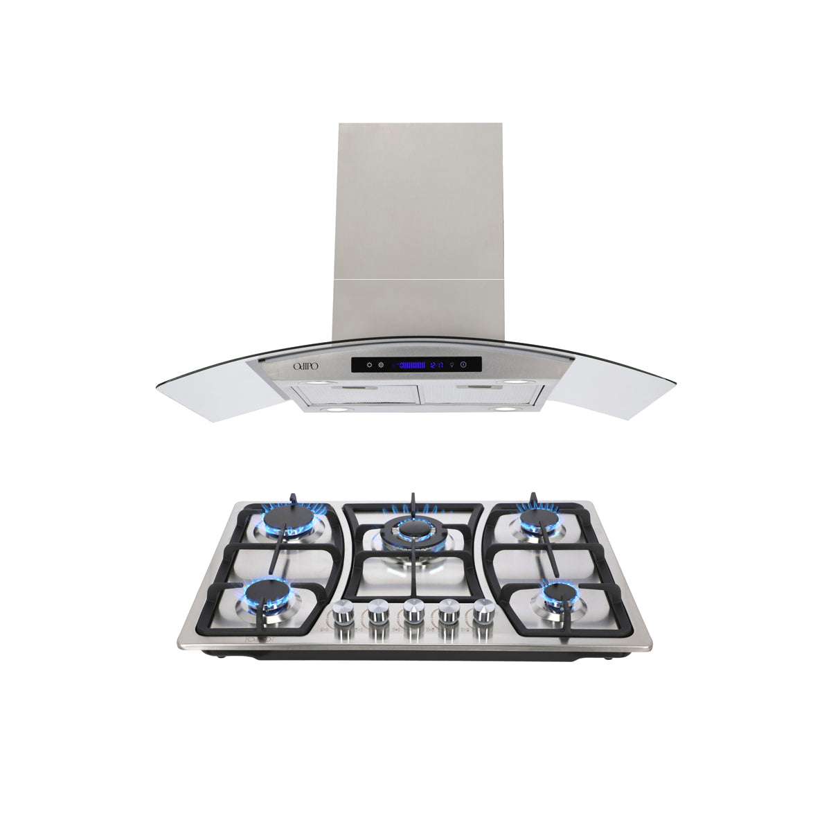 Campana de cocina de isla digital cristal curvo 90cm Ventex + Parrilla de gas 5 quemadores acero inoxidable 76cm Vignus