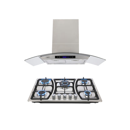 Campana de cocina de isla digital cristal curvo 90cm Ventex + Parrilla de gas 5 quemadores acero inoxidable 76cm Vignus