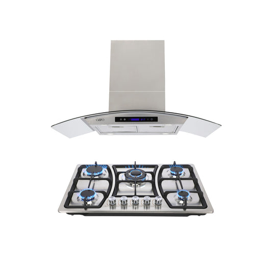 Campana de cocina de isla digital cristal curvo 90cm Ventex + Parrilla de gas 5 quemadores acero inoxidable 76cm Vignus
