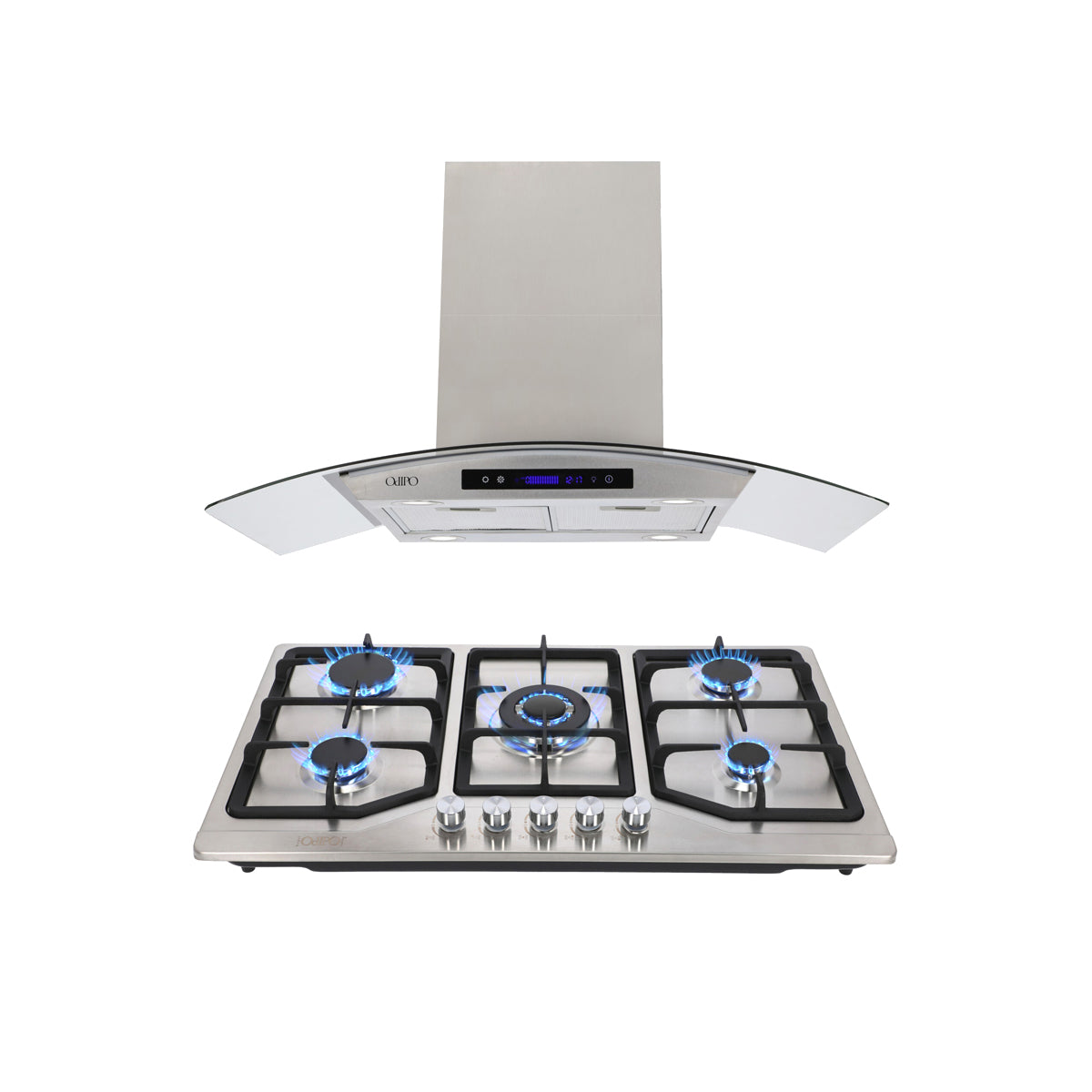 Campana de cocina de isla digital cristal curvo 90cm Ventex + Parrilla de gas 5 quemadores acero inoxidable 86cm Vesta