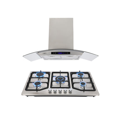 Campana de cocina de isla digital cristal curvo 90cm Ventex + Parrilla de gas 5 quemadores acero inoxidable 86cm Vesta