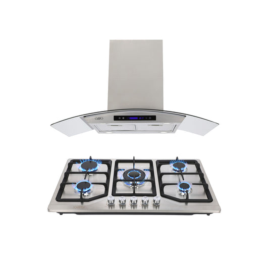 Campana de cocina de isla digital cristal curvo 90cm Ventex + Parrilla de gas 5 quemadores acero inoxidable 86cm Vesta