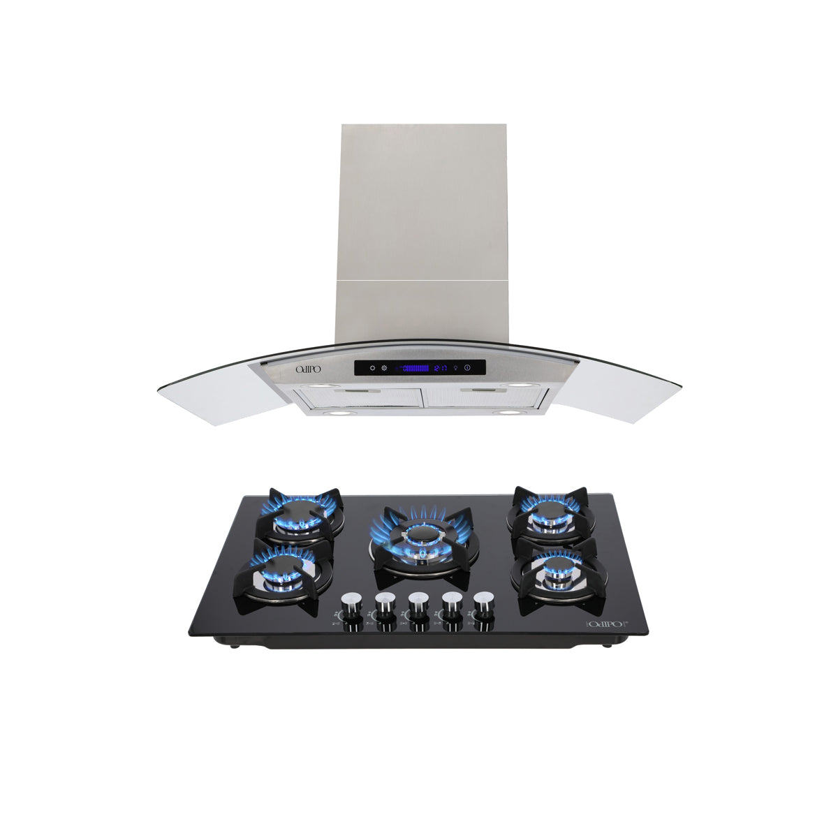 Campana de cocina de isla digital cristal curvo 90cm Ventex + Parrilla de gas 5 quemadores cristal 76cm Capella