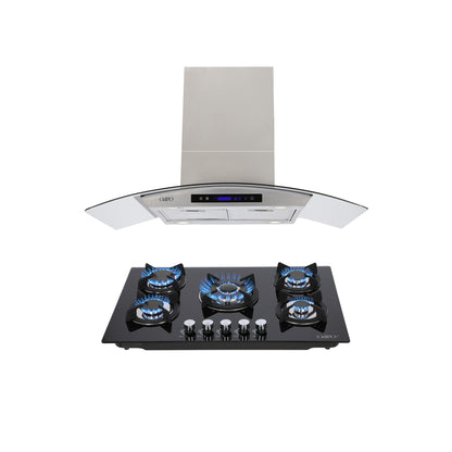 Campana de cocina de isla digital cristal curvo 90cm Ventex + Parrilla de gas 5 quemadores cristal 76cm Capella
