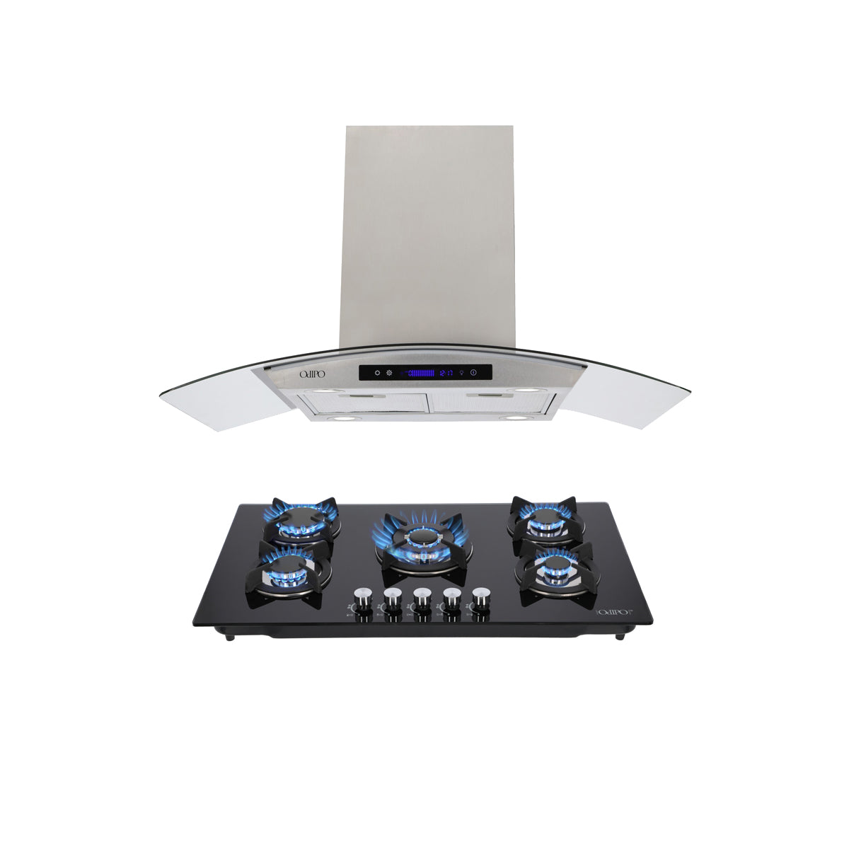 Campana de cocina de isla digital cristal curvo 90cm Ventex + Parrilla de gas 5 quemadores cristal 86cm Ceres