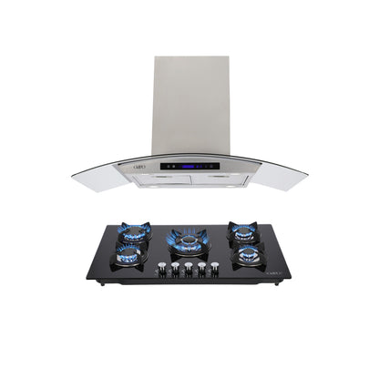Campana de cocina de isla digital cristal curvo 90cm Ventex + Parrilla de gas 5 quemadores cristal 86cm Ceres