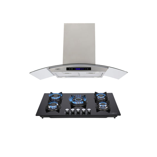 Campana de cocina de isla digital cristal curvo 90cm Ventex + Parrilla de gas 5 quemadores cristal 86cm Ceres