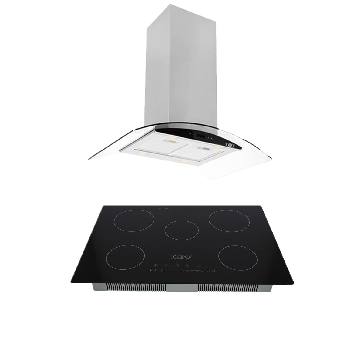 Campana de cocina de isla digital cristal curvo 90cm Ventex + Parrilla electrica de inducción 5 quemadores 75 cmKelvin