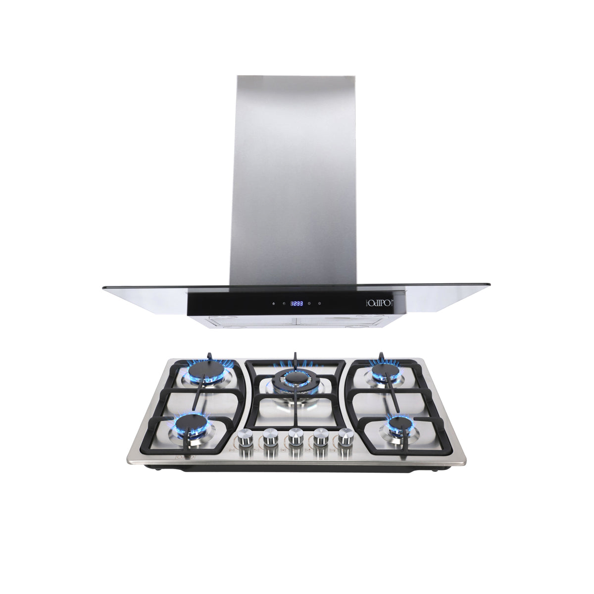Campana de cocina de isla digital cristal recto 90cm Fordex + Parrilla de gas 5 quemadores acero inoxidable 76cm Vignus
