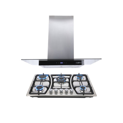 Campana de cocina de isla digital cristal recto 90cm Fordex + Parrilla de gas 5 quemadores acero inoxidable 76cm Vignus