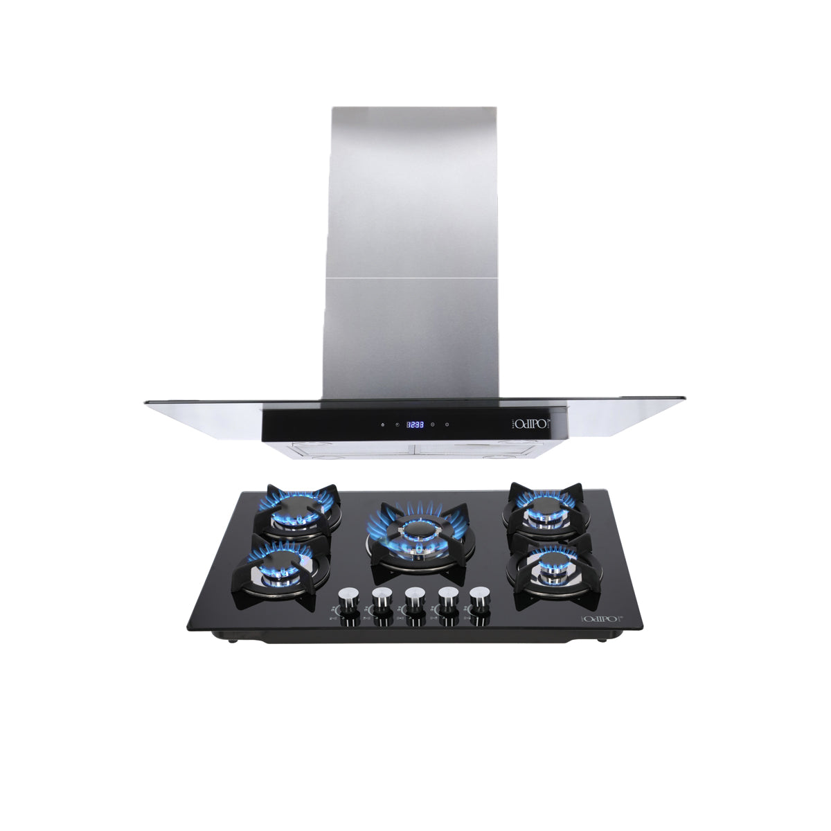 Campana de cocina de isla digital cristal recto 90cm Fordex + Parrilla de gas 5 quemadores cristal 76cm Capella