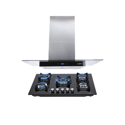 Campana de cocina de isla digital cristal recto 90cm Fordex + Parrilla de gas 5 quemadores cristal 76cm Capella