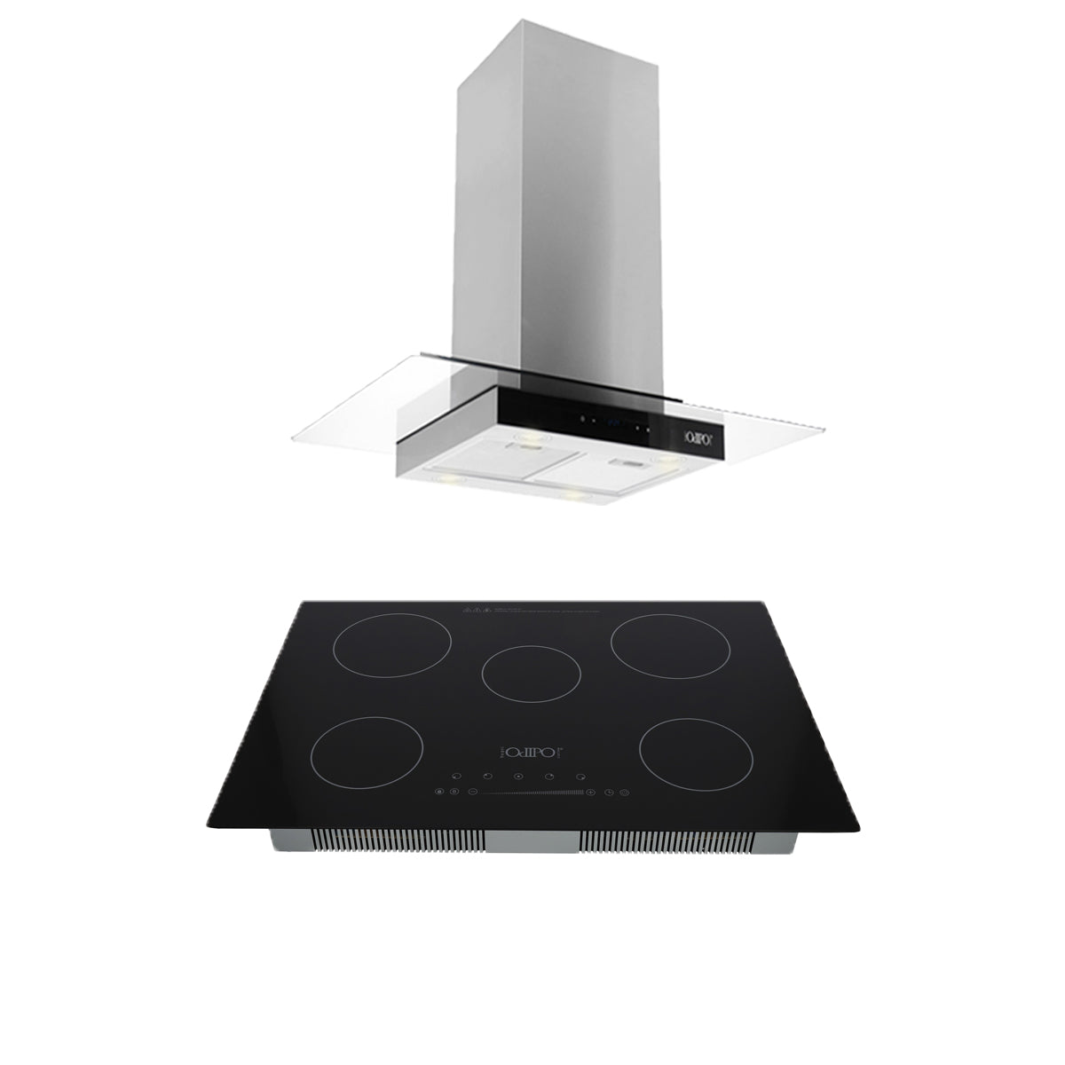 Campana de cocina de isla digital cristal recto 90cm Fordex + Parrilla eléctrica de inducción 5 quemadores 75cm Kelvin