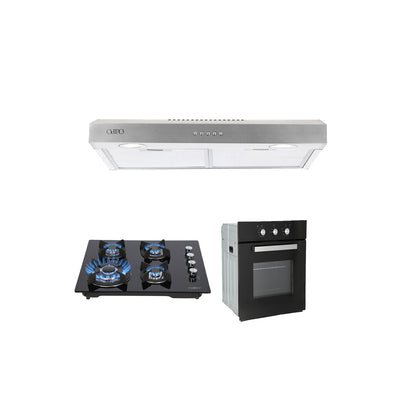 Campana de cocina acero inoxidable 75cm Thory + Parrilla de gas 4 quemadores cristal 60cm Clio + Horno de gas empotrable encendido electrico 65L 60cm Motrix