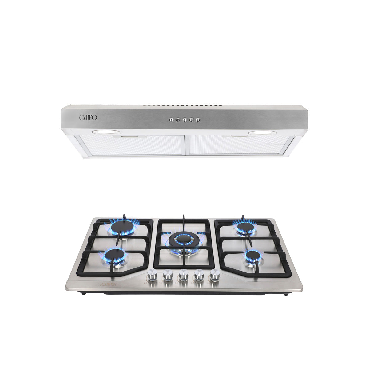 Campana de cocina acero inoxidable 80cm Thory + Parrilla de gas 5 quemadores acero inoxidable 86cm Vesta