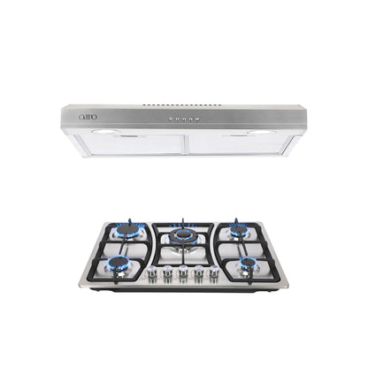 Campana de cocina acero inoxidable 75cm Thory + Parrilla de gas 5 quemadores acero inoxidable 76cm Vignus