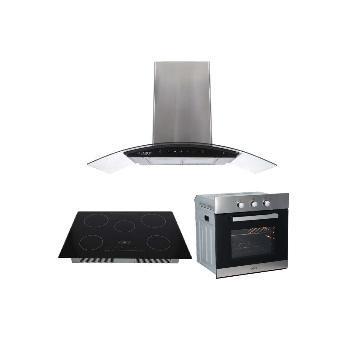 Campana de cocina de pared digital de acero inoxidable 85cm Matrix + Parrilla eléctrica de inducción 5 quemadores Kelvin + Horno eléctrico empotrable de acero 127V E-MOTRIX