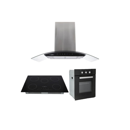 Campana de cocina de pared digital cristal curvo 85cm Matrix + Parrilla eléctrica de inducción 5 quemadores 75cm Kelvin + Horno eléctrico empotrable de cristal 127V E-MOTRIX