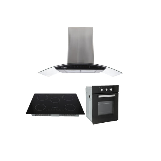 Campana de cocina de pared digital cristal curvo 85cm Matrix + Parrilla eléctrica de inducción 5 quemadores 75cm Kelvin + Horno eléctrico empotrable de cristal 127V E-MOTRIX