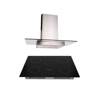 Campana de cocina de pared cristal recto 90cm Telux + Parrilla eléctrica de inducción 5 quemadores 76cm Kelvin