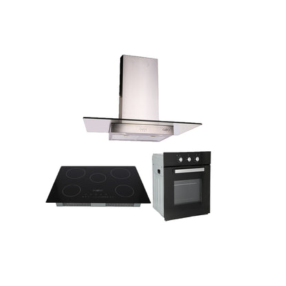 Campana de cocina de pared cristal recto 90cm Telux + Parrilla eléctrica de inducción 5 quemadores 76cm Kelvin + Horno eléctrico empotrable 60L 127V e-Motrix cristal