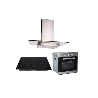 Campana de cocina de pared cristal recto 90cm Telux + Parrilla eléctrica de inducción 5 quemadores 75cm Kelvin + Horno eléctrico empotrable 60L 127V e-Motrix acero