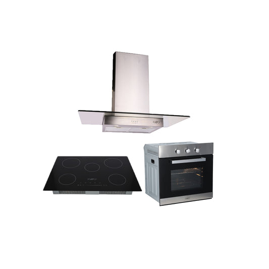 Campana de cocina de pared cristal recto 90cm Telux + Parrilla eléctrica de inducción 5 quemadores 75cm Kelvin + Horno eléctrico empotrable 60L 127V e-Motrix acero