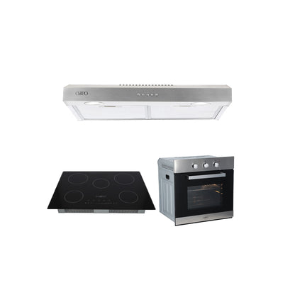 Campana de cocina de pared de acero inoxidable 75cm Thory + Parrilla eléctrica de inducción 5 quemadores Kelvin + Horno eléctrico empotrable de acero 127V E-MOTRIX