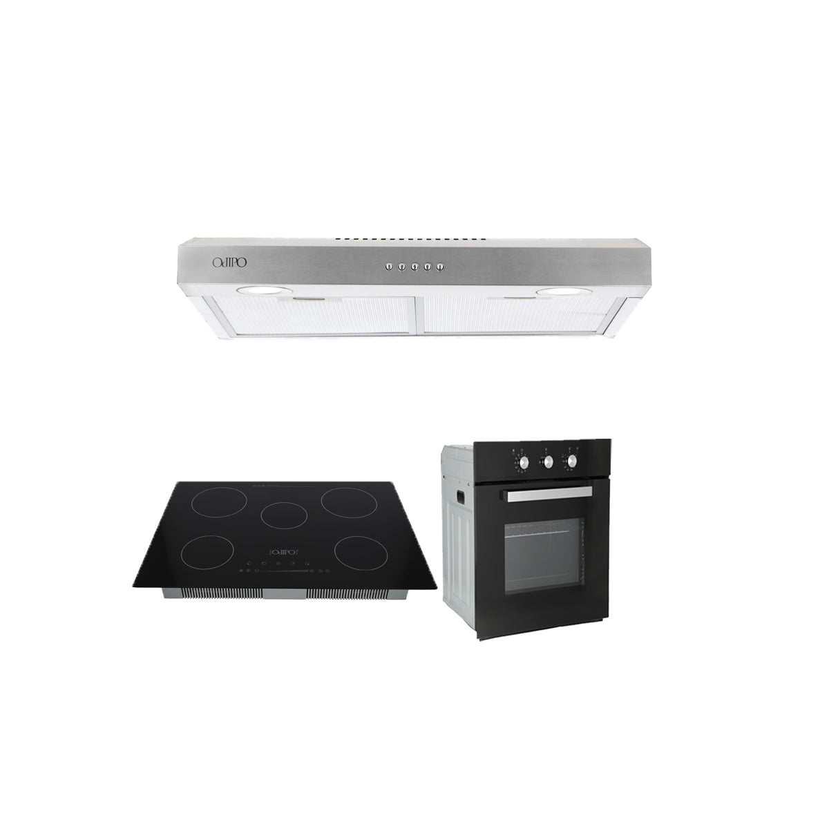 Campana de cocina de pared de acero inoxidable 80cm Thory + Parrilla eléctrica de inducción 5 quemadores 75cm Kelvin + Horno eléctrico empotrable de cristal 127V E-MOTRIX